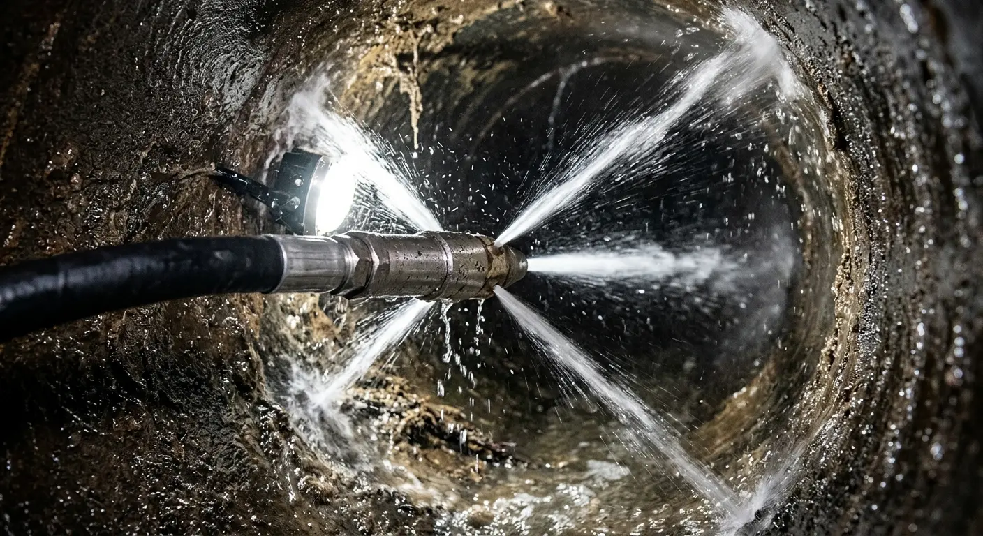 High-pressure hydro jetting nozzle cleaning sewer pipe for Storm Drain Cleaning in Ojai