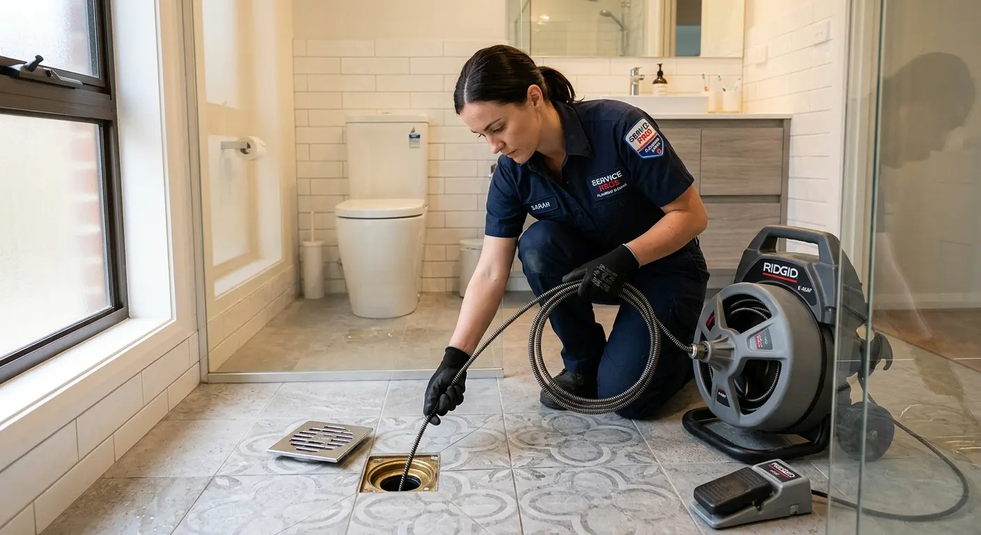 Technician clearing a bathroom floor drain for Hydro Jetting in Ojai